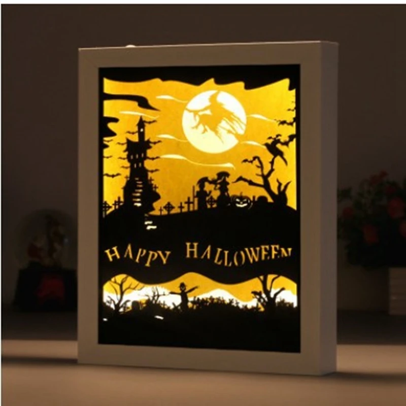1 KOM., lampa za rezanje papira na Halloween, kreativno lampe za crtanje sjene, kao što je prikazano na slici, Drvo + plastika, Kreativni noćni krajolik svojim rukama