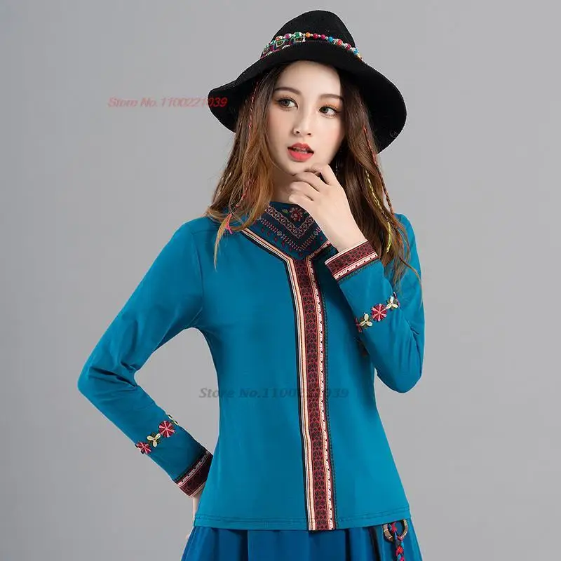 2023 kineski vintage košulja ženska majica s nacionalnom cvjetni vez osnovni košulja s ovratnikom-otpornog istočna etnička narodna shirt majice hanfu