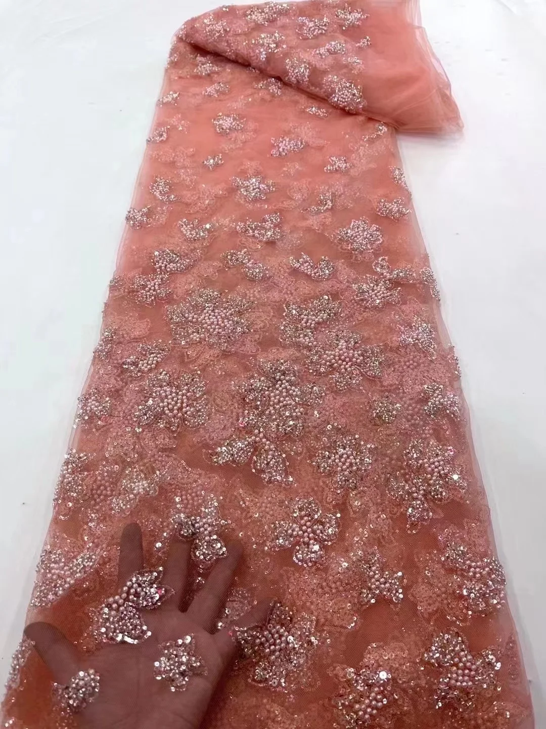 Afrička cvjetne čipke tkanina od perli, 5 metara kristalni kuglice, ručni rad za Vjenčanja, Visokokvalitetna Vjenčanje grid od tila sa šljokicama, 2023, Bijela Dubai
