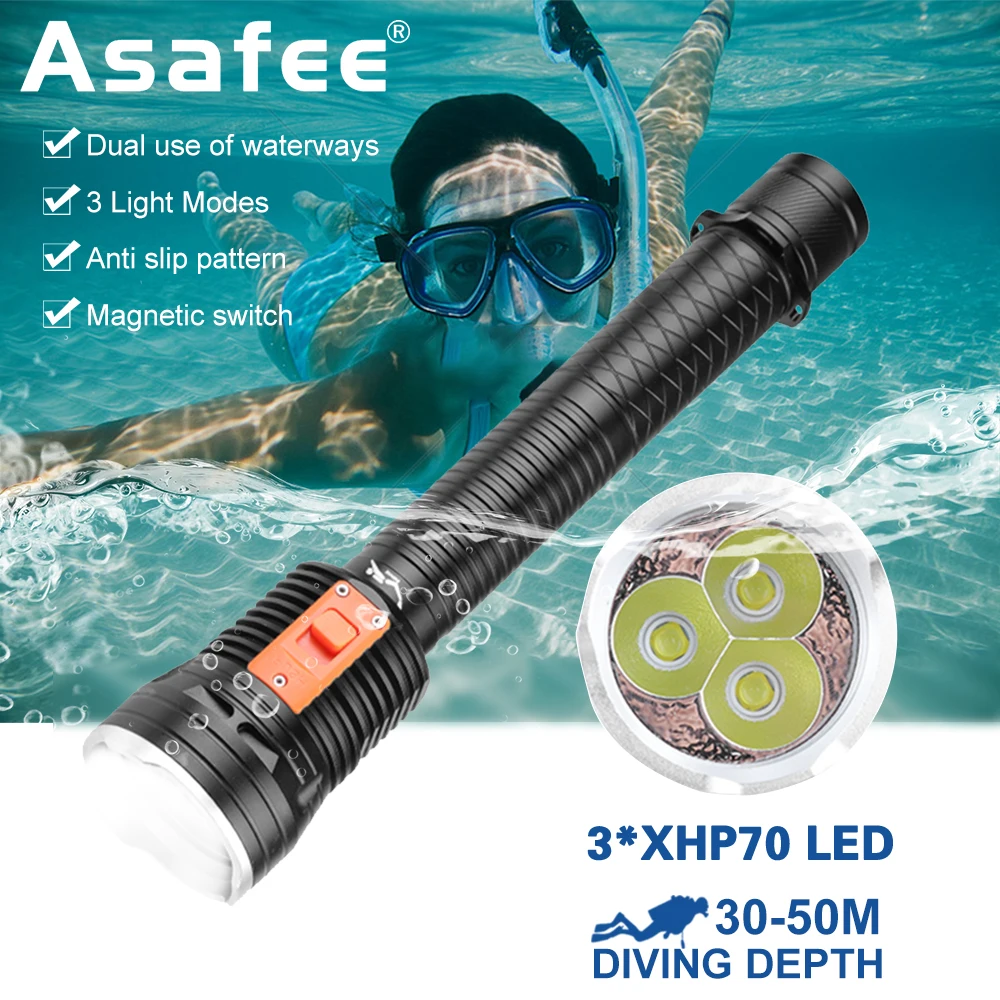 Asafee D899 50 M Podvodna Svjetiljka za Ronjenje P70 LED 2500LM Magnetski Prekidač Svjetiljka za Ronjenje 300 M, Domet Svjetla IPX8 Vodootporne Lampa