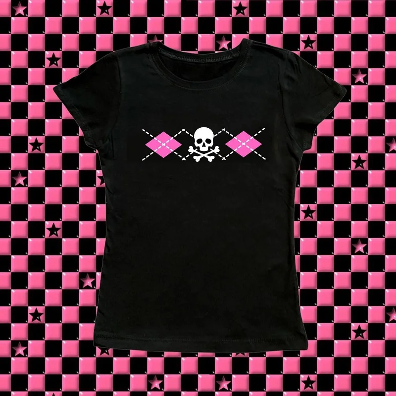 Dječja majica s po cijeloj površini lubanje, Slatka ženske estetski majice s po cijeloj površini vile, odjeća Y2k, uličnu odjeću u stilu punk, Seksi majice za djevojčice u emo stilu