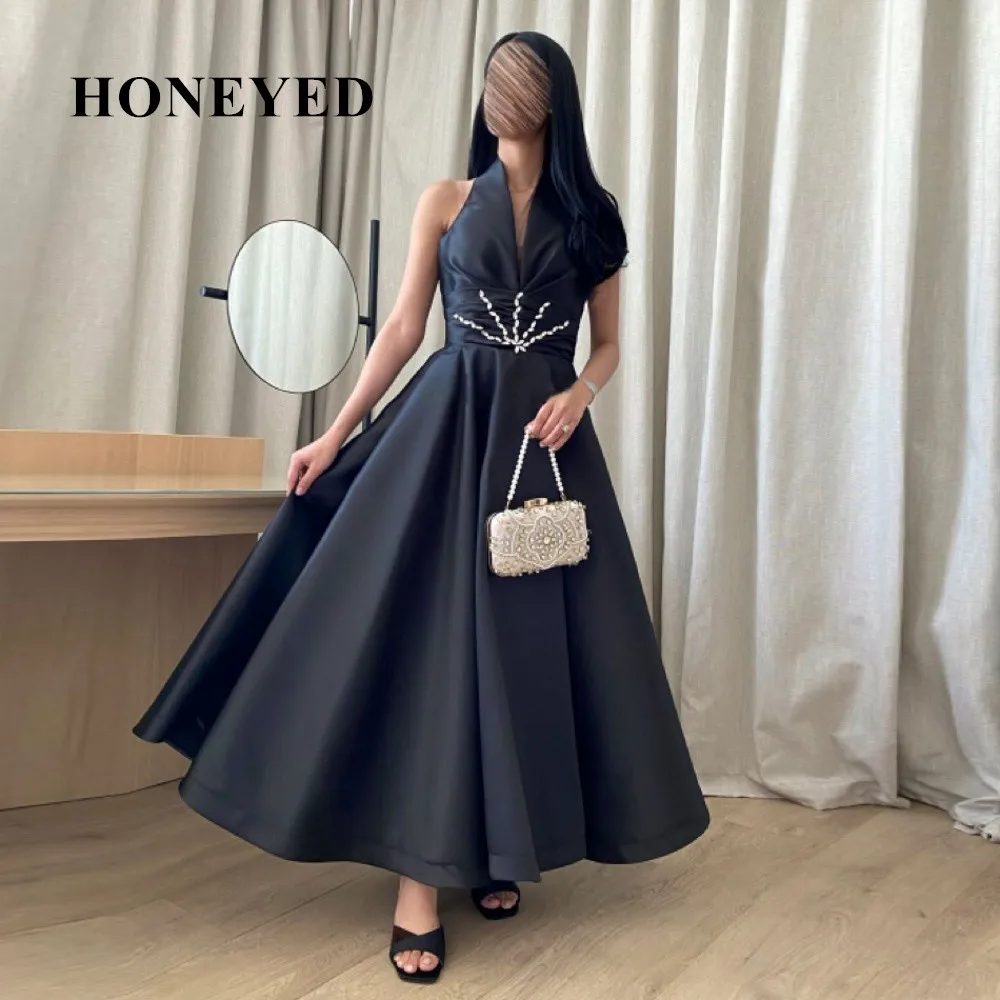 Honeyed 2023, haljina za prom s V-izrez i kristalima, bez rukava, sa 3D bojama, Jednostavno koktel haljina, Aplike, večernje haljine u nabor