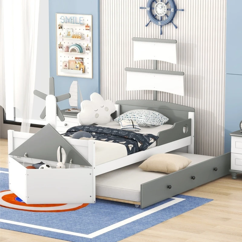 Krevet-platforma u obliku broda dual veličine s pomičnim sandučićem dvostruke veličine, Bračni krevet s prostorom za pohranu za spavaće sobe i namještaj za spavaće sobe u zatvorenom prostoru