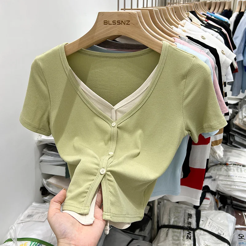 Majica sa V-izrez i kratkim rukavima, ženska tanka ljetna moderan t-shirt s dvije slatke začina, majica s kratkim rukavima, crni