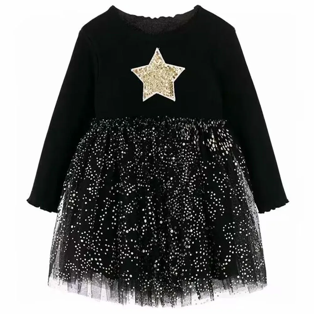 Najnovija zimska haljina od mreže s okruglog izreza i dezena zvjezdice u grašak za djevojčice 2023 godine, crno сетчатое haljinu s dugim rukavima i dezena zvijezde od 2 do 12 godina