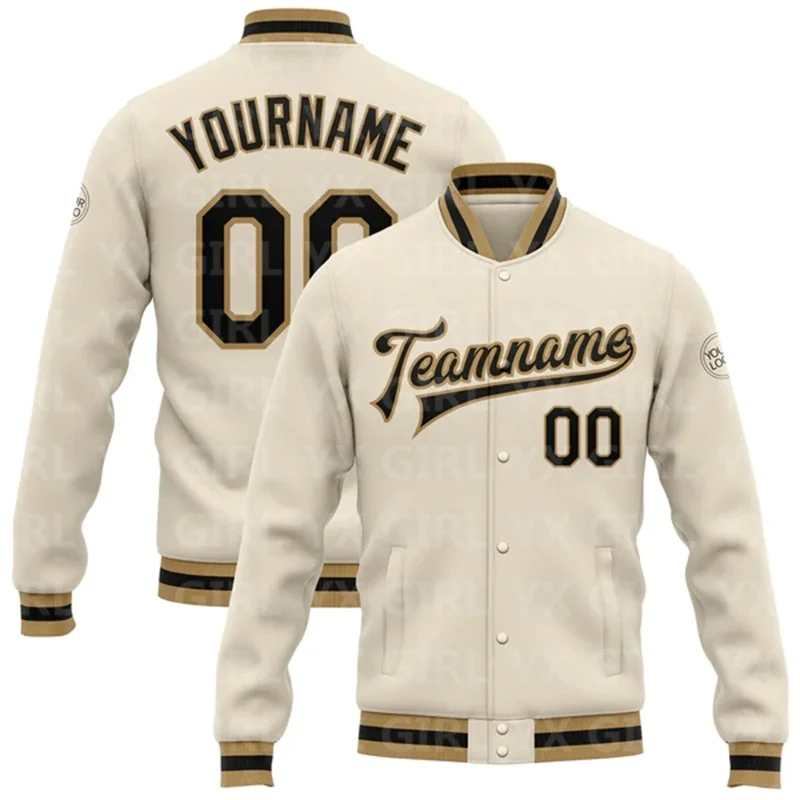 Običaj Krem crna бомбер Old Gold s punim kopčom Sveučilišna jakna Letterman s 3D ispis baseball jakne na zakopčane