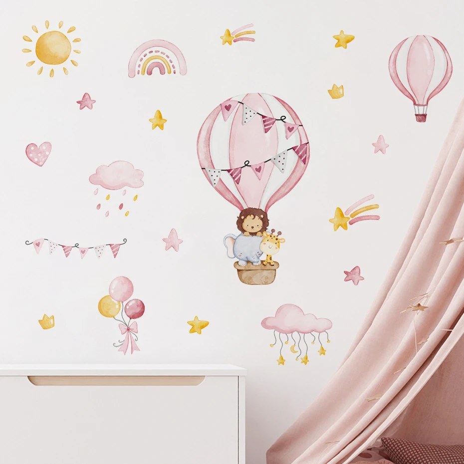 Pink Vrući Zrak Balon Životinje Slon Sunce Akvarel Naljepnice za Zid za Dnevni boravak, Spavaće i Dječje Sobe Naljepnice Za zidove Dječje Sobe Kućni Dekor