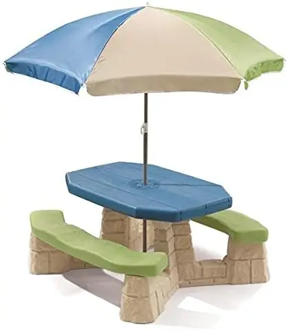 Razigrani dječji stol za piknik s kišobranom - Igračke na otvorenom za 6 djece - Dječji namještaj plave i zelene boje s umjetnom sudopera