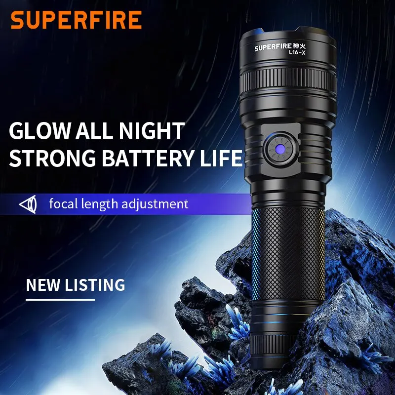 SUPERFIRE L16-X Led svjetiljka sa snažnim zoomom, domet 310 M, Prijenosna Svjetiljka, Dugotrajna Punjiva Lampa za Kampiranje i Ribolov