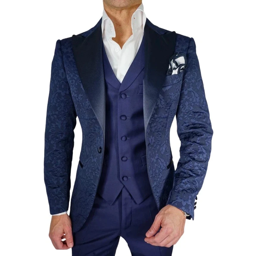 Tamno plave žakard elegantna odijela za muškarce, 3 kom, sportska jakna, prsluk, Hlače, Individualni bijela/crna Vjenčanje Smoking za mladoženju, odijelo Homme