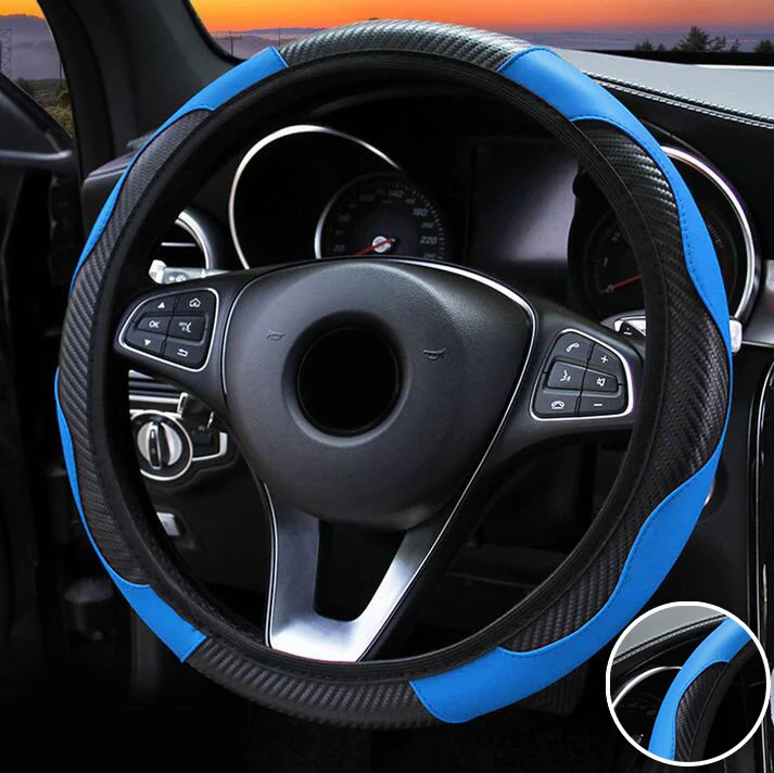 Trendi torbica za volanom automobila dužine 38 cm od karbonskih vlakana, koža plave i crne boje, nalik na stil za upravljač promjera 37-38 cm