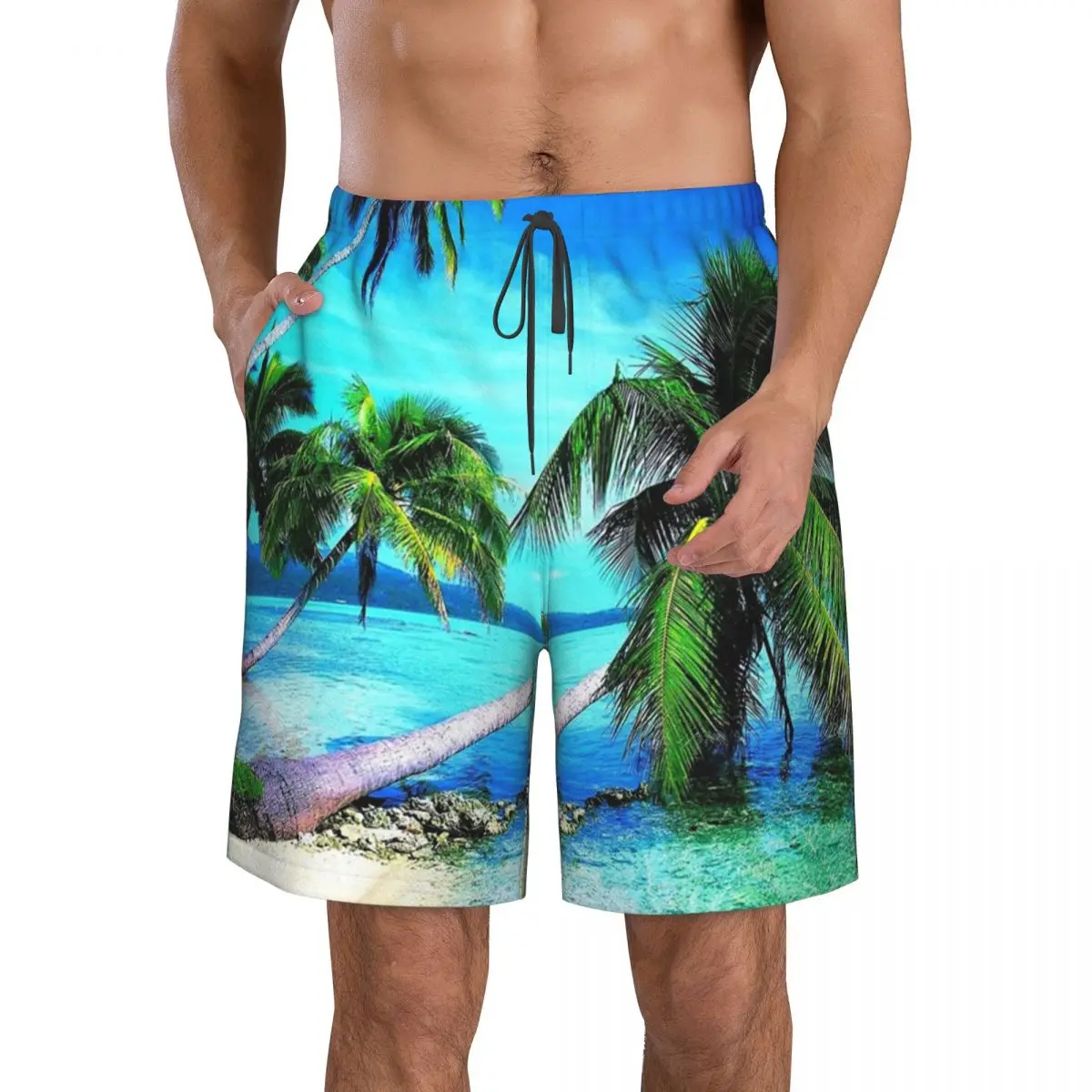 Tropske palme Tamno Plavi Ocean Beach Muške Svakodnevne Kratke hlače Za Šetnju Plaža Hlače S tie Udobne Gaćice S ravnim prednji Dio S