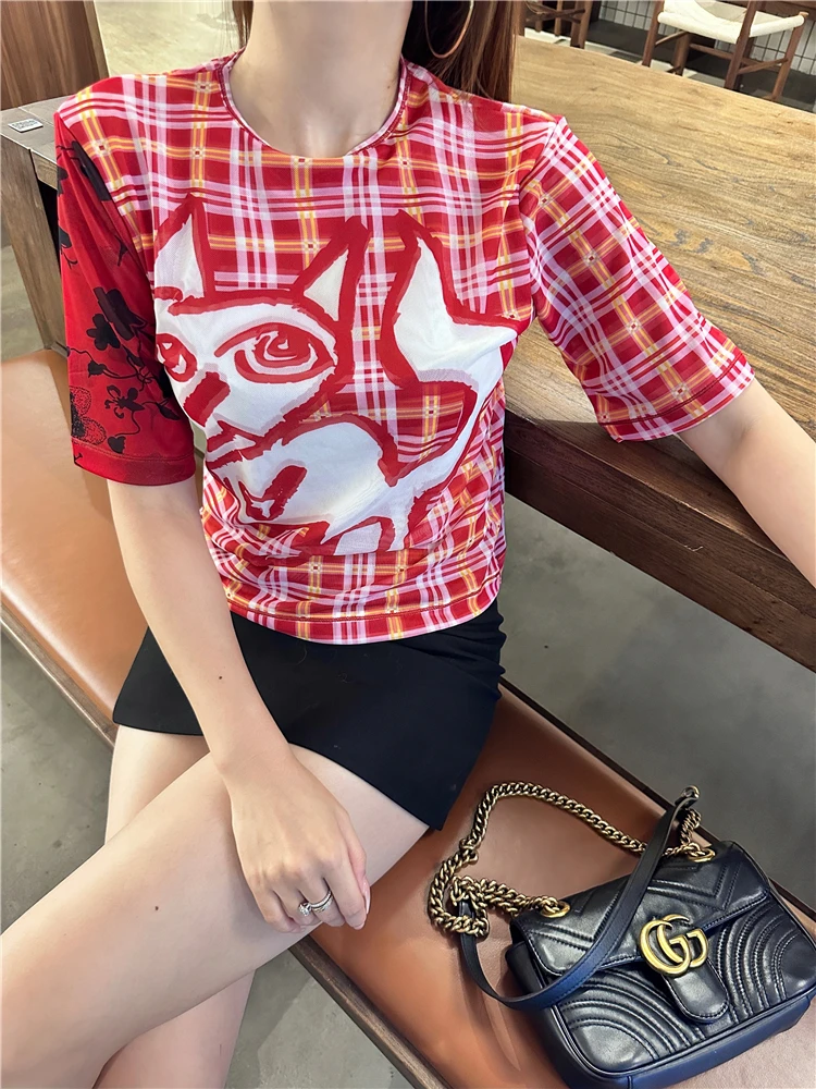 Ženska t-shirt u kavez s crvenim Mačka i kratkih rukava, Ljetna Novo, Ulični Stil, Šik Dizajn, prilagođeni Pulover Za mlade Djevojke, Top