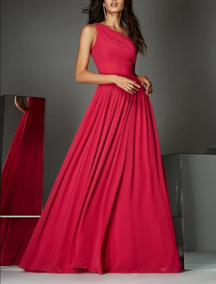 Ženske duge crvene шифоновые haljine za maturalne s džepovima Trapeznog oblika, Večernje haljine dužine do poda