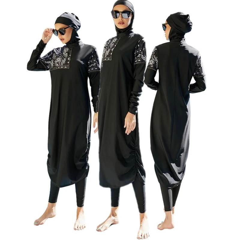 Ženske skromne crnci setove Буркини, Ljetne majice s prorezom od tri dijela, Hlače, Plaža odjeća punu pokrivenost, kupaći kostim s kapa-хиджабом